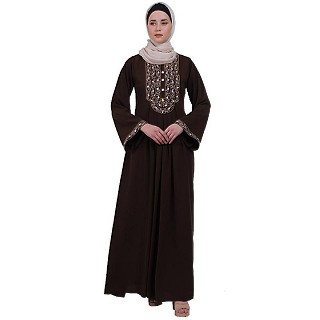 Firdaws Pintuck embroidery abaya- Coffee Brown